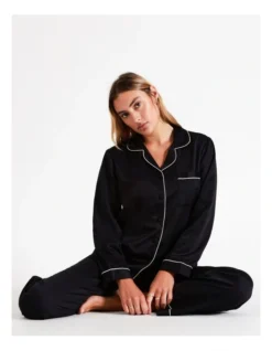 Chloe & Lola Long Sleeve Satin Pyjamas Set Black