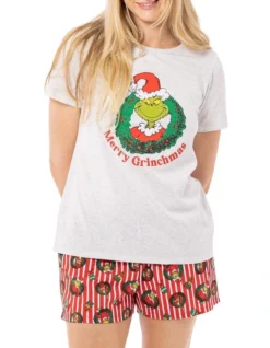 Grinch Fam Jams Merry Grinchmas Cotton Printed Knit Sleep Set In Grey/Red