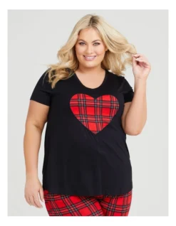 Bamboo Check Heart Pyjama Top In Black