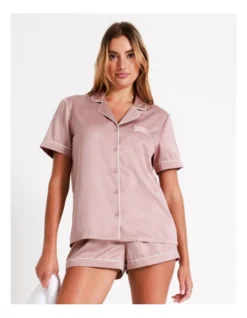Chloe & Lola Satin Short Sleeve PJ Set In Dusty Pink