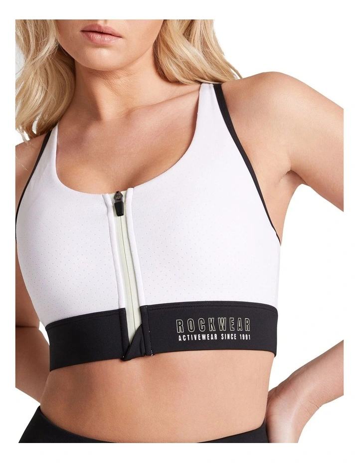 Walk The Line Zip Medium Impact Sports Bra In White 4 Walk The Line Zip Medium Impact Sports Bra In White - Image 4