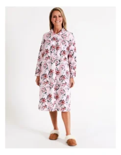 SOHO Timeless Flannelette Mid Length Nightie In Pink Roses