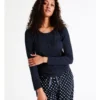 SOHO Henley Rib Long Sleeve Top In Navy