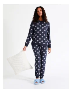 SOHO Helena Brushed Knit Cuff Pant In Fairisle Hearts