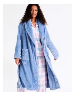 SOHO Leah Fleece Long Sleeve Robe In Blue
