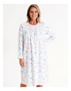 SOHO Timeless Flora Mid Knit Cotton Long Sleeve Nightie In White Floral