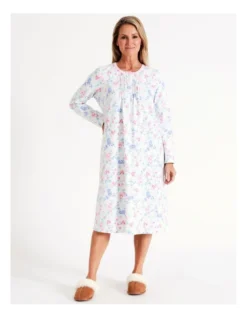 SOHO Timeless Flora Mid Knit Cotton Long Sleeve Nightie In White Floral -SOHO Shop 967376620 3 720x928