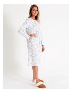 SOHO Timeless Flora Mid Knit Cotton Long Sleeve Nightie In White Floral -SOHO Shop 967376620 4 720x928