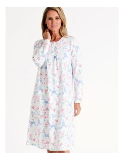 SOHO Timeless Flora Mid Knit Cotton Long Sleeve Nightie In White Floral -SOHO Shop 967376620 5 720x928