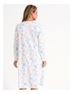 SOHO Timeless Flora Mid Knit Cotton Long Sleeve Nightie In White Floral -SOHO Shop 967376620 6 720x928