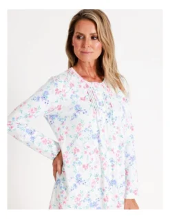 SOHO Timeless Flora Mid Knit Cotton Long Sleeve Nightie In White Floral -SOHO Shop 967376620 7 720x928