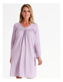SOHO Timeless Celeste V-Neck Midi Cotton Knit Long Sleeve Nightie In Lilac Floral -SOHO Shop 968553010 3 720x928