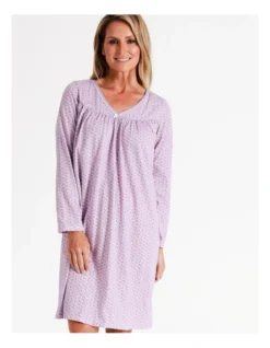 SOHO Timeless Celeste V-Neck Midi Cotton Knit Long Sleeve Nightie In Lilac Floral -SOHO Shop 968553010 6 720x928