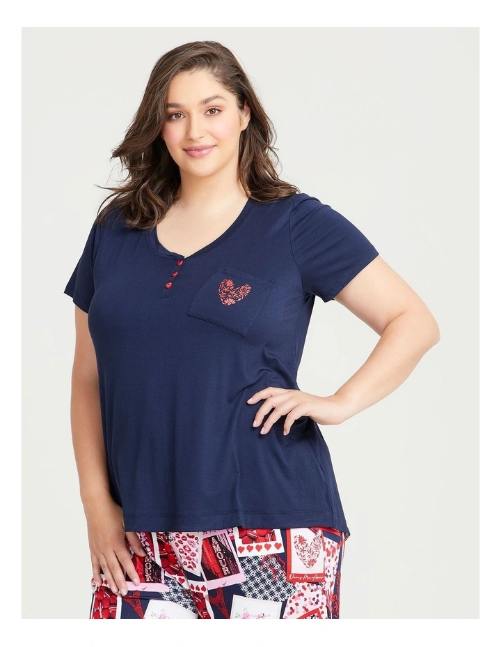 Bamboo Floral Heart Pyjama Top In Navy 1 Bamboo Floral Heart Pyjama Top In Navy
