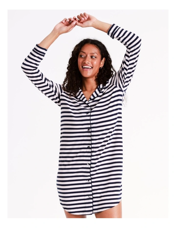 SOHO Simone Knit Long Sleeve Nightshirt In Pink & Navy Stripe 1 SOHO Simone Knit Long Sleeve Nightshirt In Pink & Navy Stripe