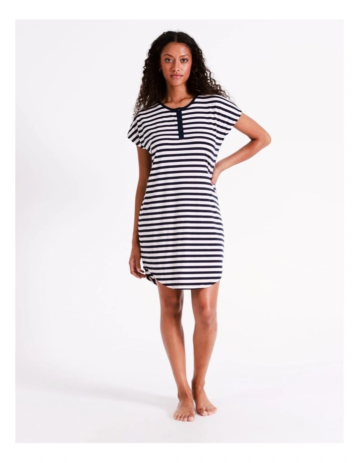 SOHO Simone Knit Short Sleeve Henley Nightie In Pink & Navy Stripe 2 SOHO Simone Knit Short Sleeve Henley Nightie In Pink & Navy Stripe - Image 2