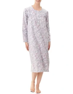 Gigi Floral Flannelette Mid Length Nightie In Purple