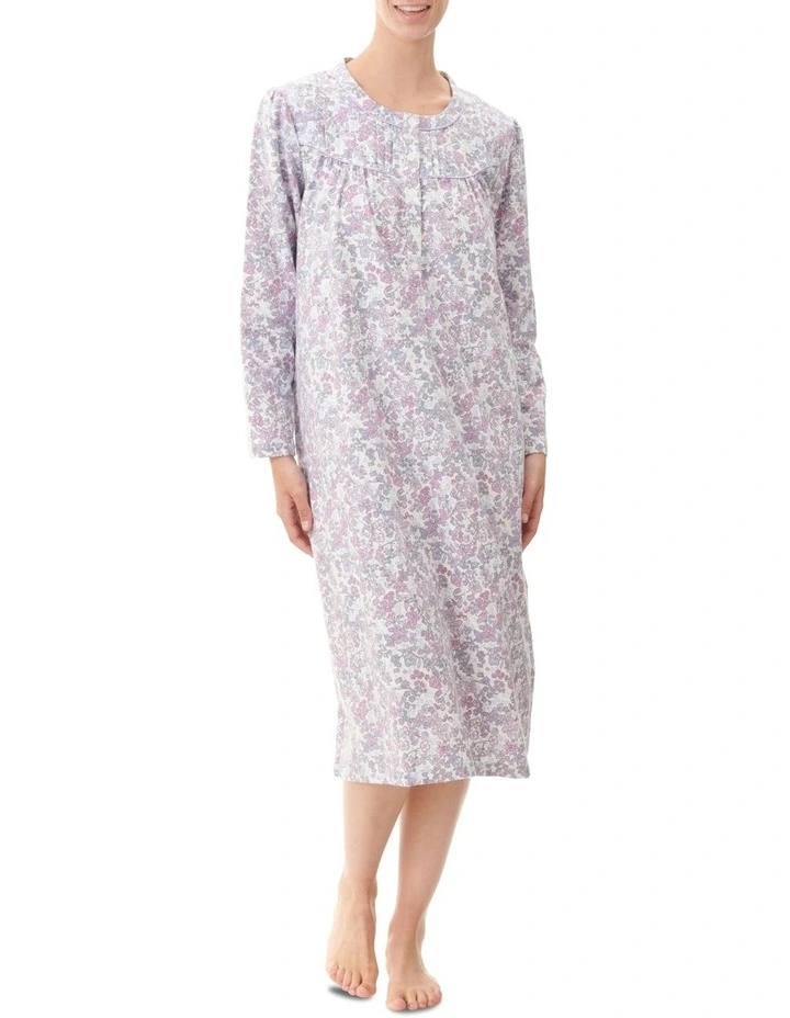 Gigi Floral Flannelette Mid Length Nightie In Purple 1 Gigi Floral Flannelette Mid Length Nightie In Purple